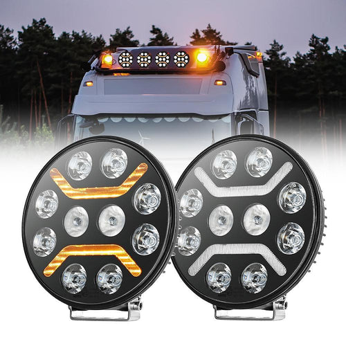 7″ (18см) LED фар за камион 100W – мощна бяла основна светлина + бяла и жълта габаритна