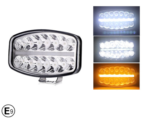 80W LED Лед Фар Халоген с DRL дневни светлини габарит бяло - оранжево неон ефект 24,5см x 13,9см, 4100lm, 12V - 24V, E-Mark Подходящ За DAF MAN Scania Volvo и др.