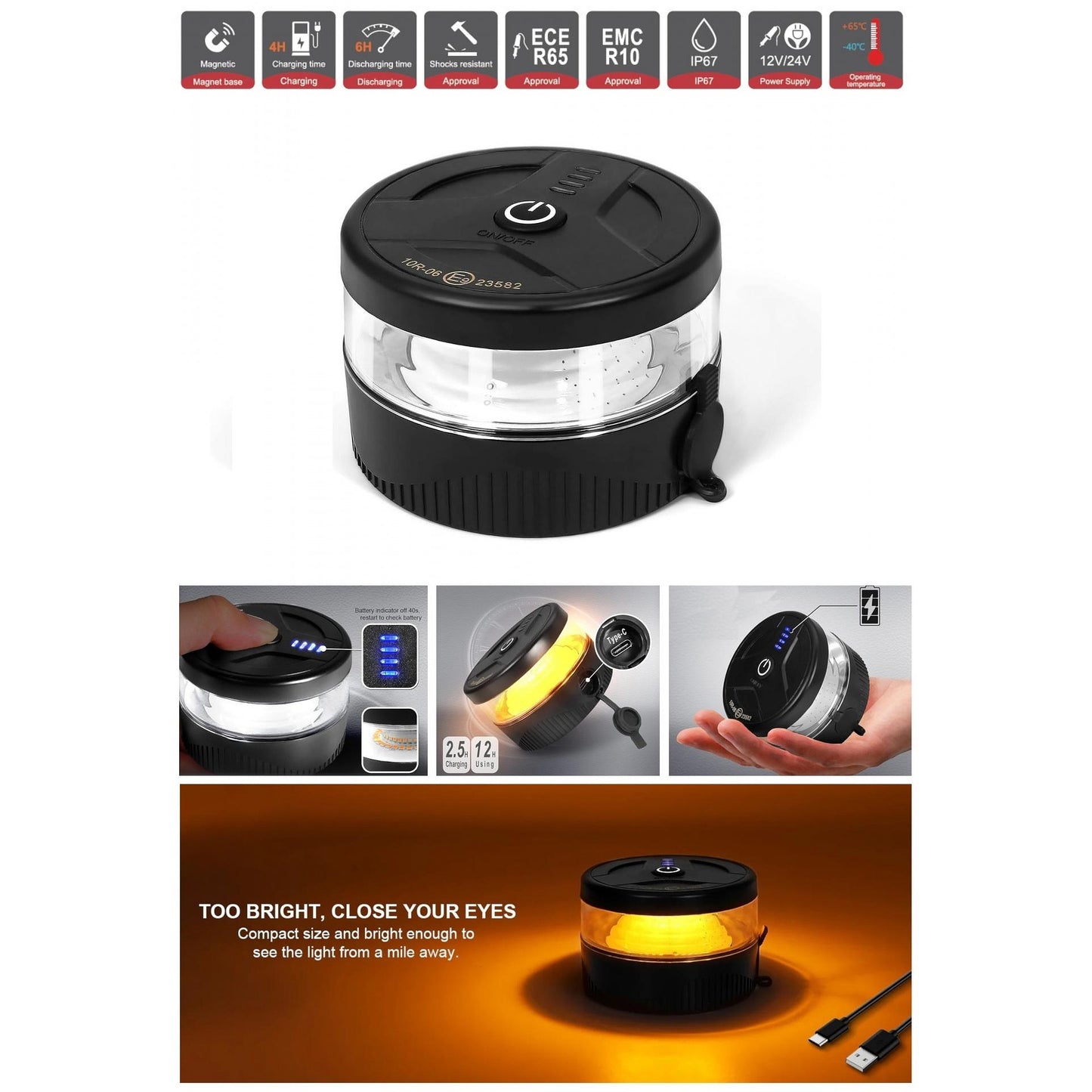 Мини Wireless /безжична/ LED аварийна лампа тип буркан с презареждаща се батерия, с магнит, 12V - 24V за пътна помощ, платформа, агро техника и др.