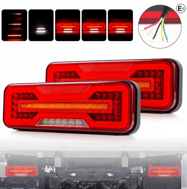 Универсални LED Стопове 12V 24V с Бягащ Мигач, Стоп, Габарит и Заден Ход E9 Сертифицирани Комплект от 2 броя