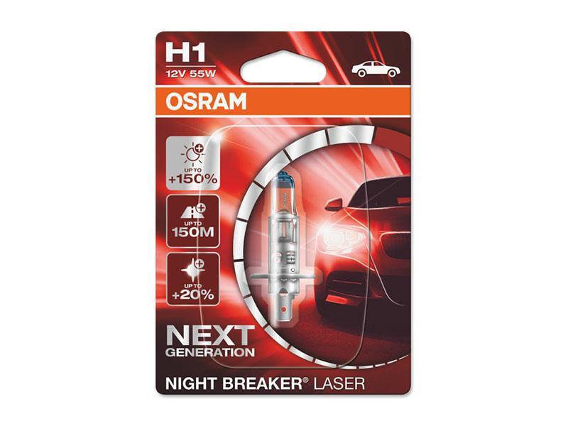 1бр. Халогенна крушка Osram H1 Night Breaker Laser +150% 12V, 55W, P14.5s, 1550lm