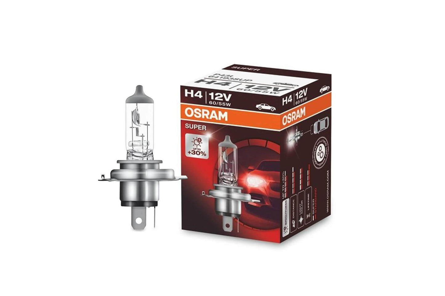 1бр. Халогенна крушка Osram H4 Super 12V, 60/55W, P43t