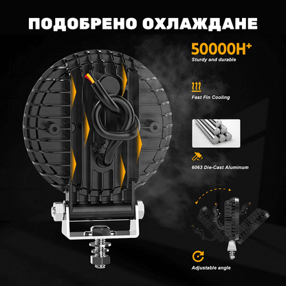 1бр кръгъл LED фар 4"/10.5см 40W, 6000lm – Бяла светлина + Оранжев блиц/габарит