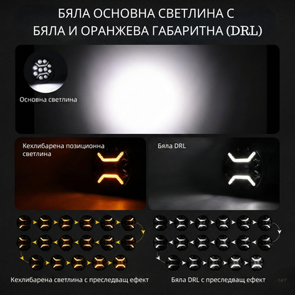 7″ (18см) LED фар за камион 100W – мощна бяла основна светлина + бяла и жълта габаритна