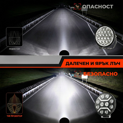 7″ (18см) LED фар за камион 100W – мощна бяла основна светлина + бяла и жълта габаритна