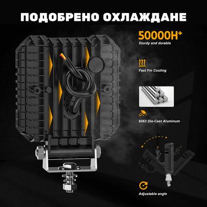 1бр квадратен LED фар 10.5см 40W, 6000lm – Бяла светлина + Оранжев блиц/габарит