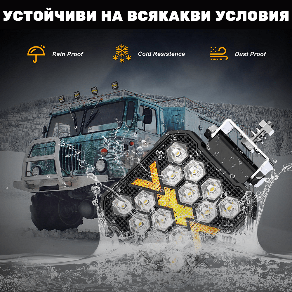 1бр квадратен LED фар 10.5см 40W, 6000lm – Бяла светлина + Оранжев блиц/габарит