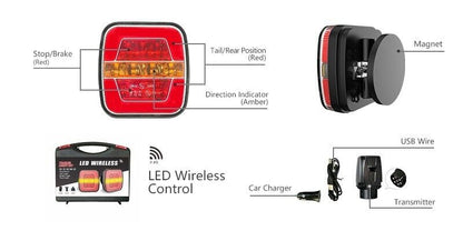 Комплект Безжични Преносими Диодни Лед Led Стопове Wireless с Магнит Неон Neon Ефект 12-24V 108mm х 102mm x 46mm E9 за Ремарке Каравана Платформа и др.