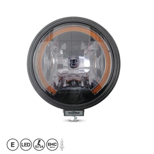 23см SIM BLACK EIDITION Кръгъл халогенен фар за мъгла с насочена светлина със затъмнено стъкло + LED Angel Eye / Ангелски очи в оранжева светлина 12V - 24V E- mark