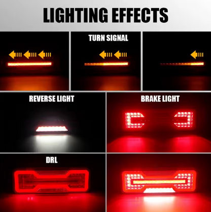 Универсални LED Стопове 12V 24V с Бягащ Мигач, Стоп, Габарит и Заден Ход E9 Сертифицирани Комплект от 2 броя