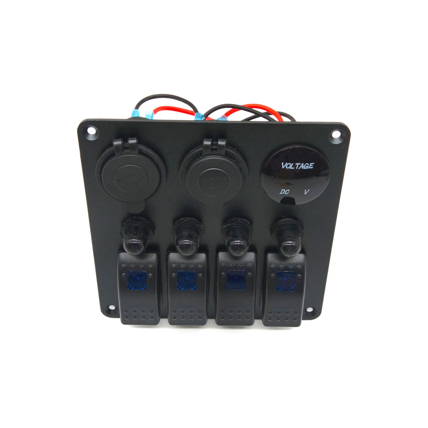 Панел за вграждане с 4 бутона с подсветка, USB зарядно, 12V гнездо и волтметър за 12V/24V