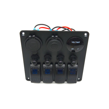 Панел за вграждане с 4 бутона с подсветка, USB зарядно, 12V гнездо и волтметър за 12V/24V
