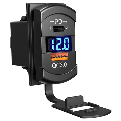 Зарядно за вграждане с USB-C и USB-A изходи с бързо зареждане 12V/24V, VOLT-метър, ON/OFF бутон и водоустойчив капак