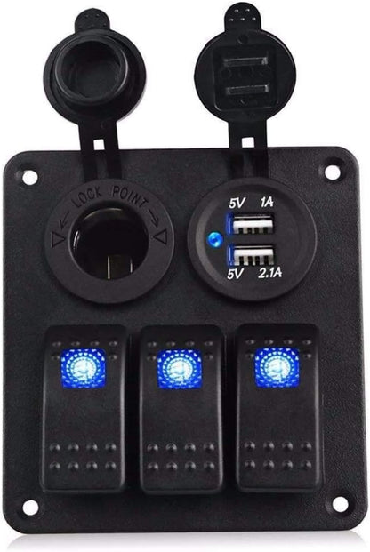 Панел за вграждане с 3 бутон ON/OFF + 2бр. USB за зареждане + 12V изход