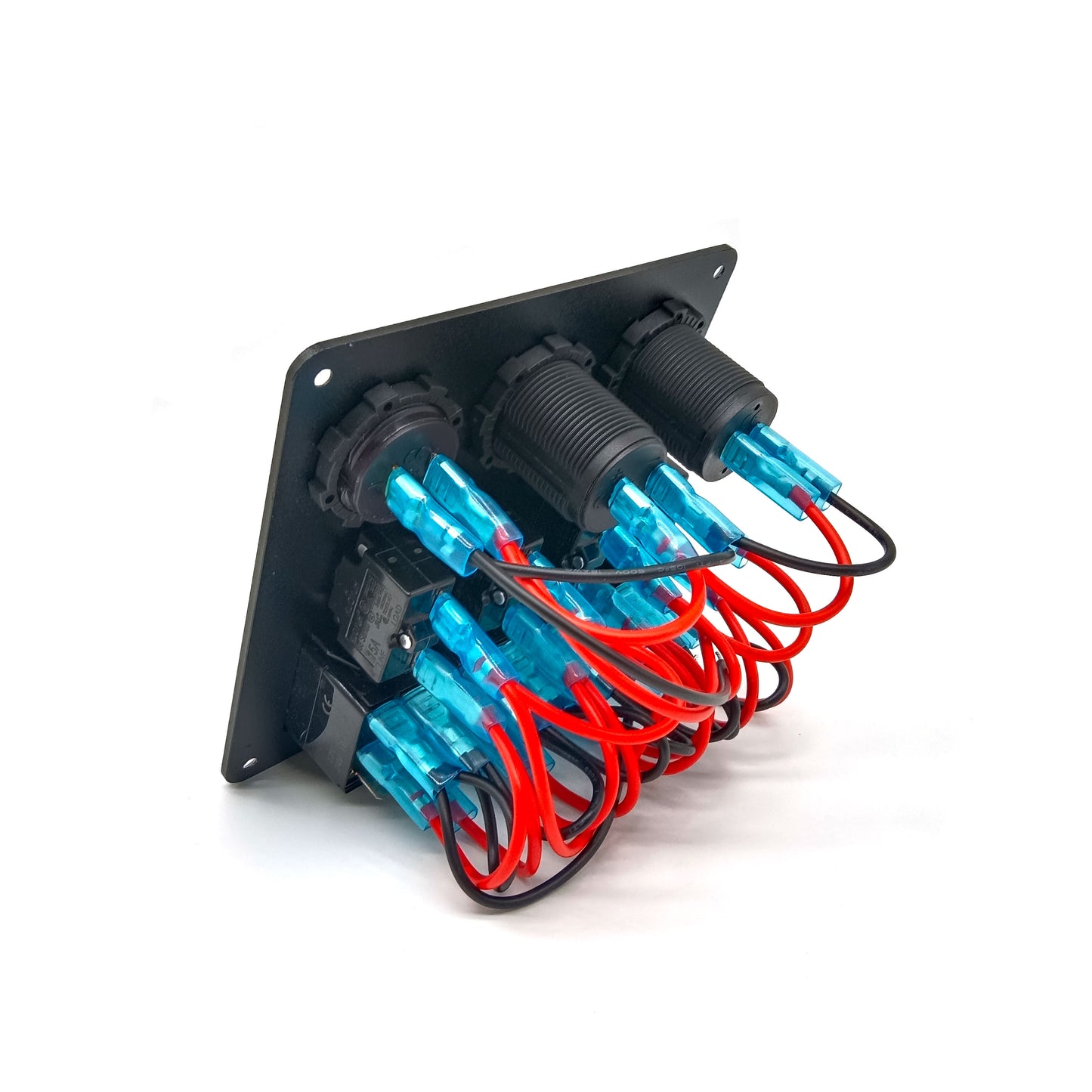 Панел за вграждане с 4 бутона с подсветка, USB зарядно, 12V гнездо и волтметър за 12V/24V