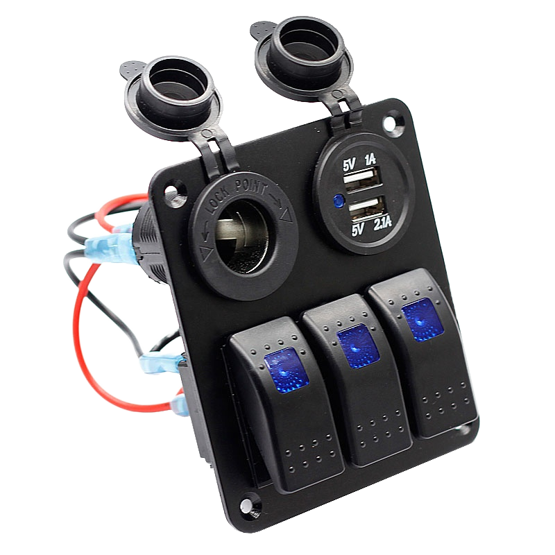 Панел за вграждане с 3 бутон ON/OFF + 2бр. USB за зареждане + 12V изход