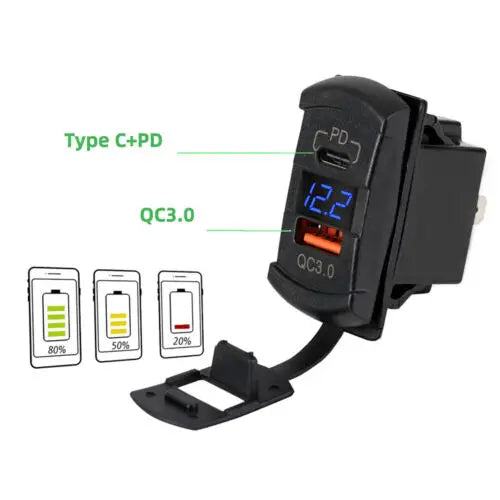 Зарядно за вграждане с USB-C и USB-A изходи с бързо зареждане 12V/24V, VOLT-метър, ON/OFF бутон и водоустойчив капак