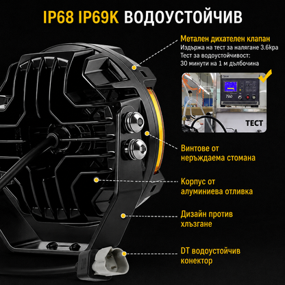 Комплект 2бр LED фарове 172W с жълта светлина + оранжев габарит 5" (Φ12.7см) 12V/24V