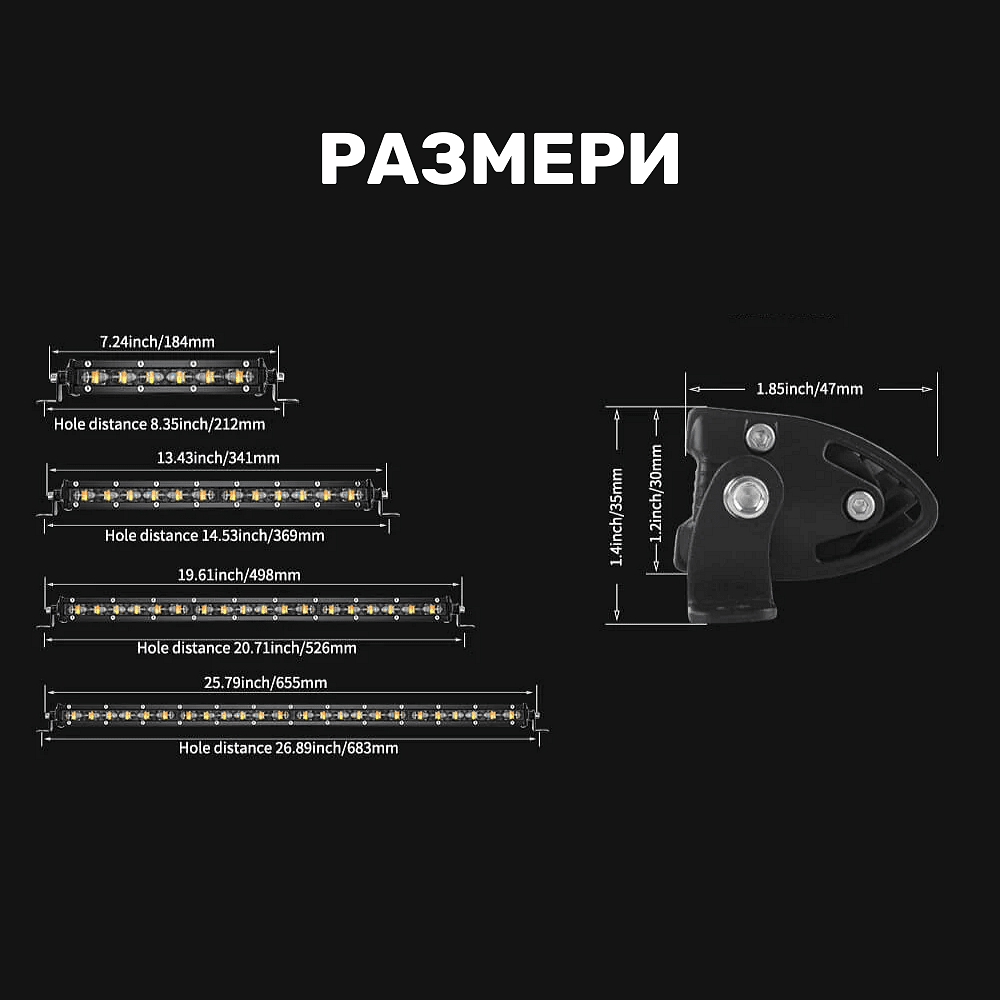 Едноредов 20" (50см) 6D SLIM LED бар, 72W 12V/24V, 6 режима, бяла и жълта светлина 6000K + 3000K