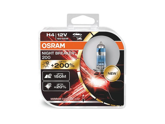 Комплект 2 броя халогенни крушка Osram H4 Night Breaker 200 12V, 75/68W, P14t, 3900K, 1650/1000lm