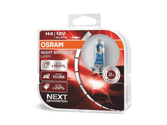 Комплект 2 броя халогенни крушки Osram H4 Night Breaker Laser +150% 12V, 60/55W, P14.5s, 1650/1000lm