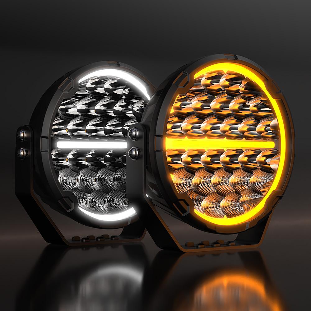 Комплект 2бр Кръгли LED бойни фарове / прожектори + бяла и оранжева DRL светлина 6.5" 150W, 10850lm