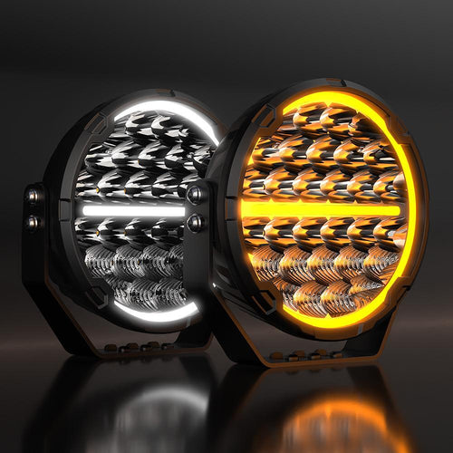 Комплект 2бр Кръгли LED бойни фарове / прожектори + бяла и оранжева DRL светлина 6.5" 150W, 10850lm