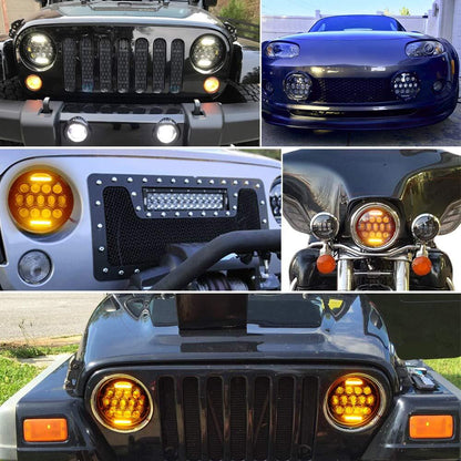 Комплект Кръгли LED фарове 7" 70W H4 букса, къси, дълги, дневни и мигач