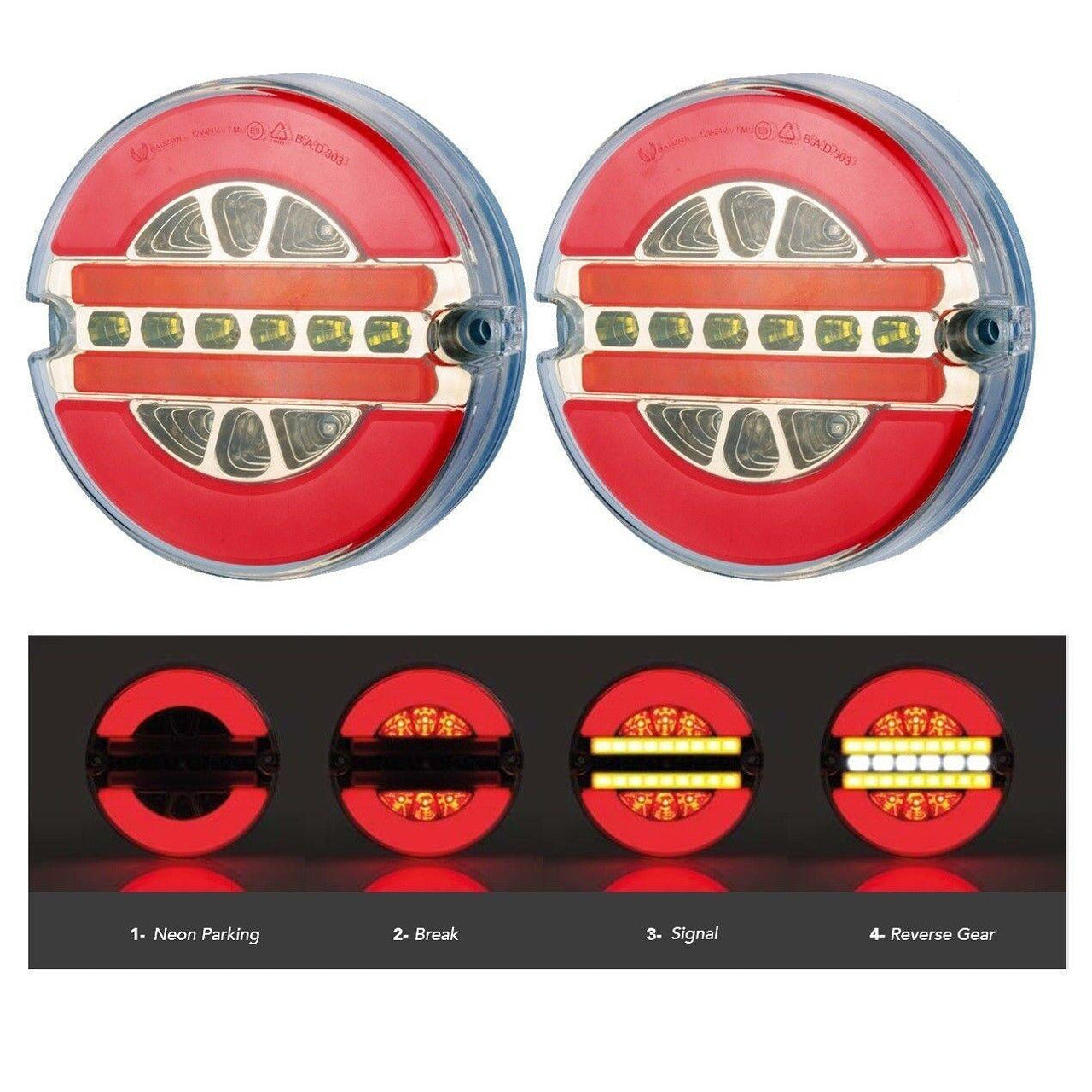 Комплект кръгли LED стоп светлини с неон ефект, тип "хамбургер" 12V-24V E9 Ø140мм