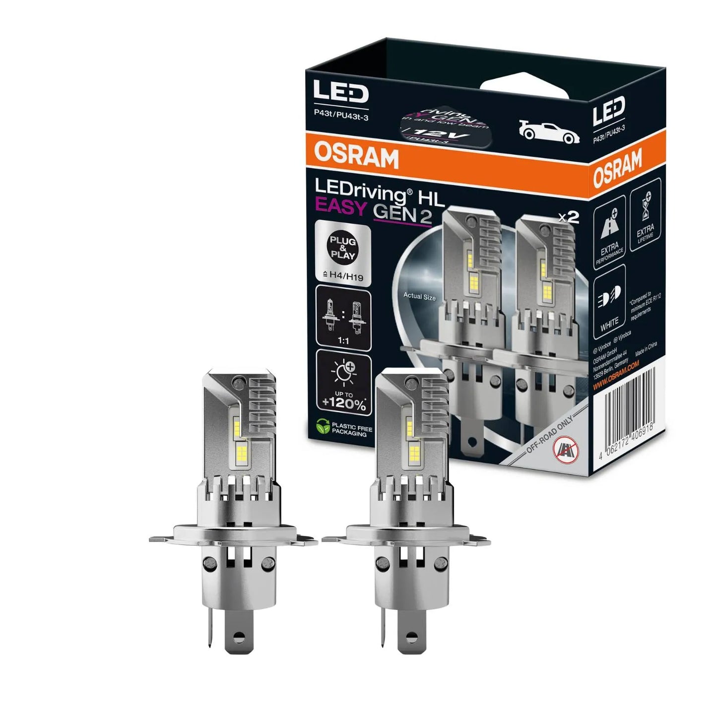 Комплект LED крушки OSRAM H4/H19 Easy Gen2 +120% 12V, 16.5/16.5W 6500K 1400/1100lm 64193DWESY2-2HB