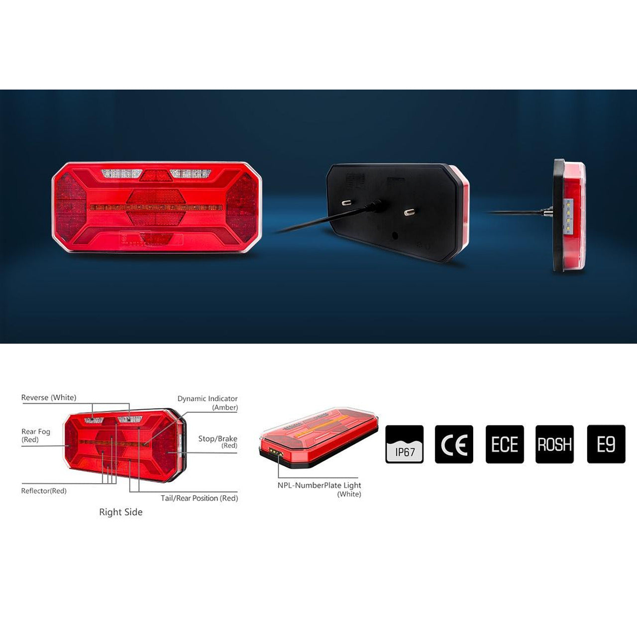 Комплект LED стопове с бягащ мигач, Неон ефект, 12V-24V, 305мм*131мм*60мм, E9