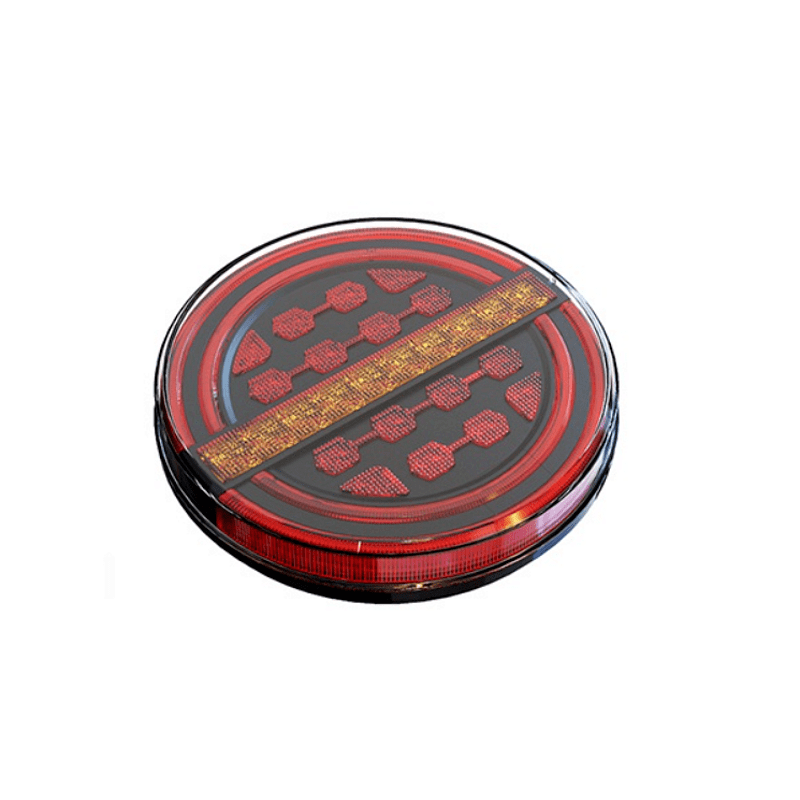 Комплект LED Светодиодни Стопове с Динамичен Бягащ Мигач, Неон Ефект, Кръгли, Тип Хамбургер , Ø13.9см , 3 Функции, Е-Мark, Е9, 12V-24V