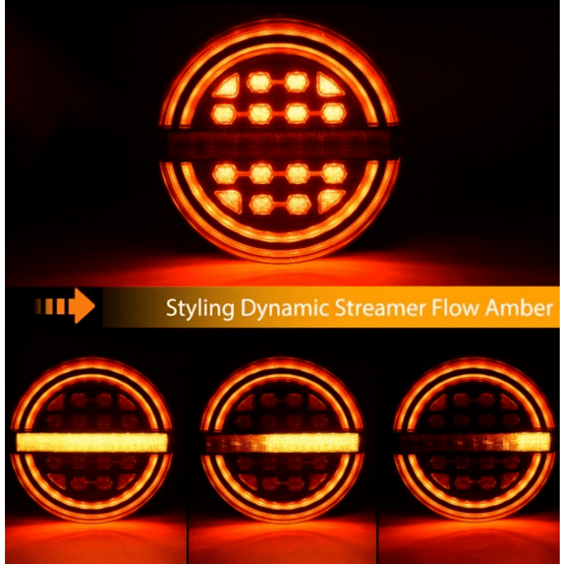 Комплект LED Светодиодни Стопове с Динамичен Бягащ Мигач, Неон Ефект, Кръгли, Тип Хамбургер , Ø13.9см , 3 Функции, Е-Мark, Е9, 12V-24V