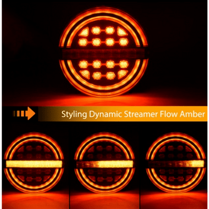 Комплект LED Светодиодни Стопове с Динамичен Бягащ Мигач, Неон Ефект, Кръгли, Тип Хамбургер , Ø13.9см , 3 Функции, Е-Мark, Е9, 12V-24V