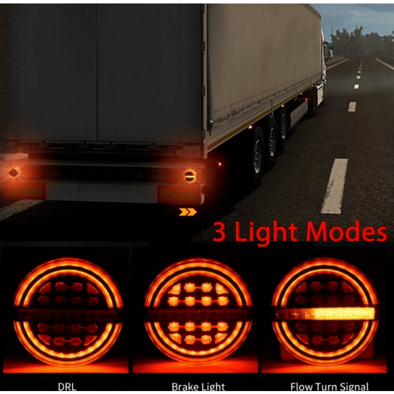 Комплект LED Светодиодни Стопове с Динамичен Бягащ Мигач, Неон Ефект, Кръгли, Тип Хамбургер , Ø13.9см , 3 Функции, Е-Мark, Е9, 12V-24V