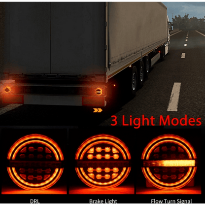 Комплект LED Светодиодни Стопове с Динамичен Бягащ Мигач, Неон Ефект, Кръгли, Тип Хамбургер , Ø13.9см , 3 Функции, Е-Мark, Е9, 12V-24V