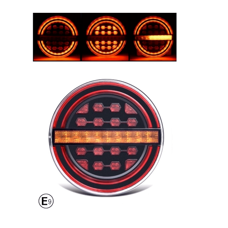 Комплект LED Светодиодни Стопове с Динамичен Бягащ Мигач, Неон Ефект, Кръгли, Тип Хамбургер , Ø13.9см , 3 Функции, Е-Мark, Е9, 12V-24V