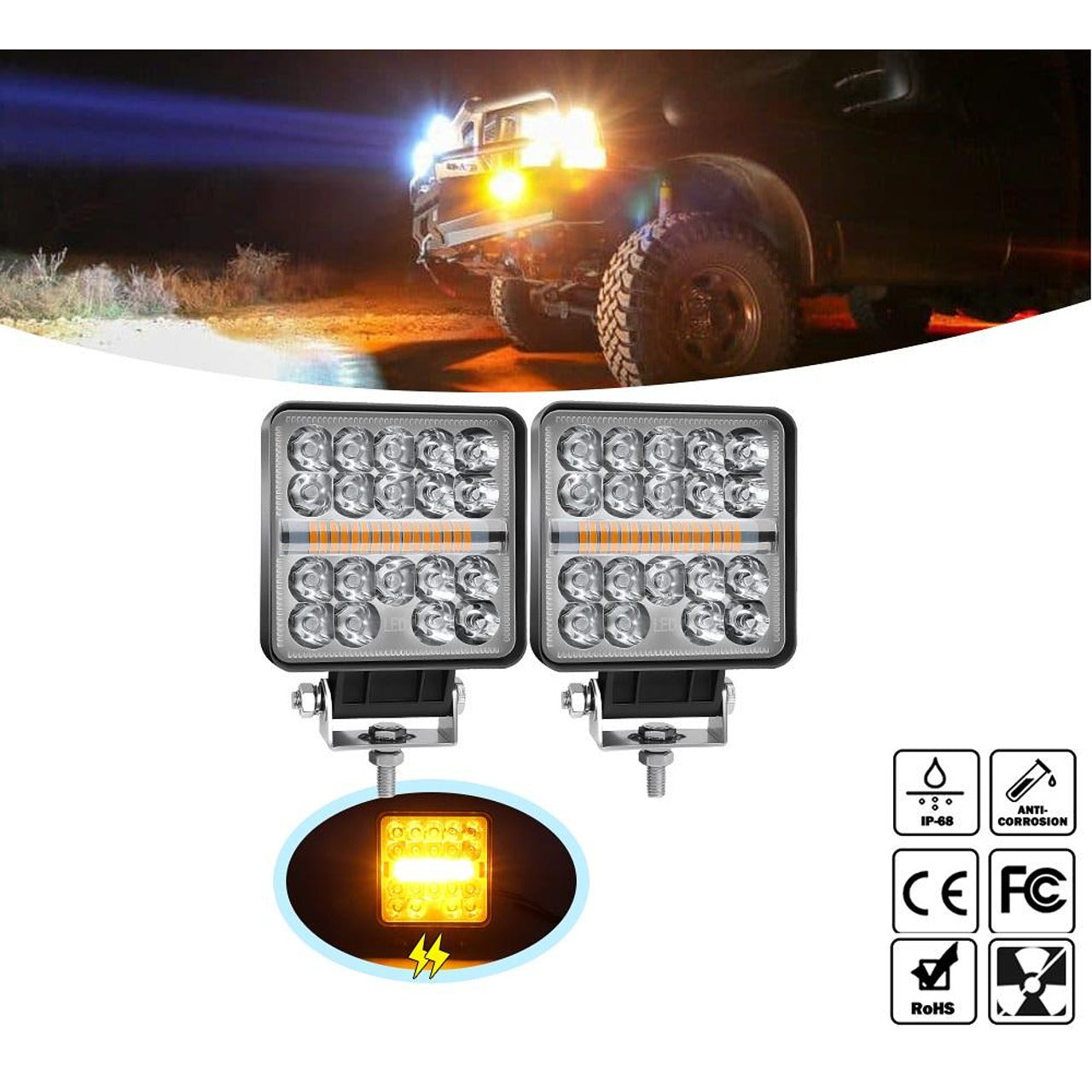 Комплект 2бр квадратен 4” (10см) LED халоген с комбинирана светлина - бяла + оранжева блиц светлина, 45W 12V/24V