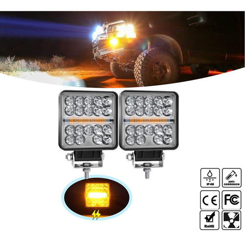 Комплект 2бр квадратен 4” (10см) LED халоген с комбинирана светлина - бяла + оранжева блиц светлина, 45W 12V/24V