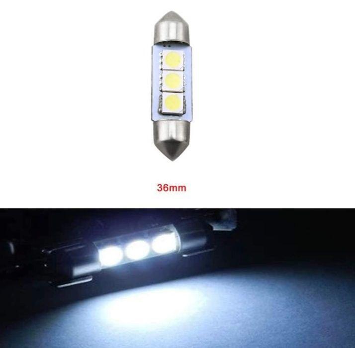 LED Лед Диодни Крушки, C5W, 3 Smd, 36mm, 12V, Бяла Светлина