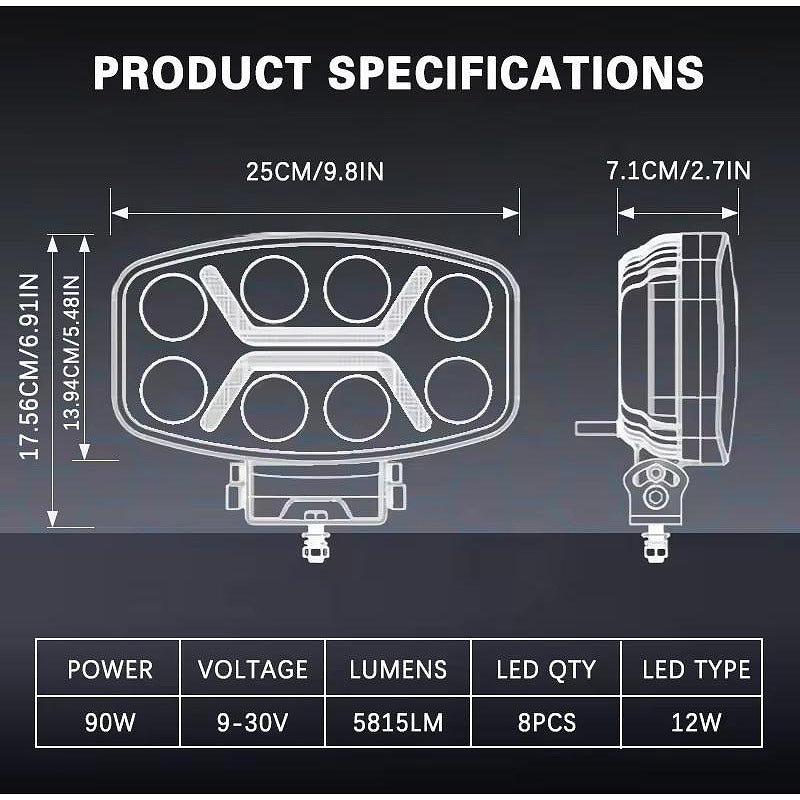 1бр LED правоъгълен фар 12V-24V 90W бяло-жълта светлина
