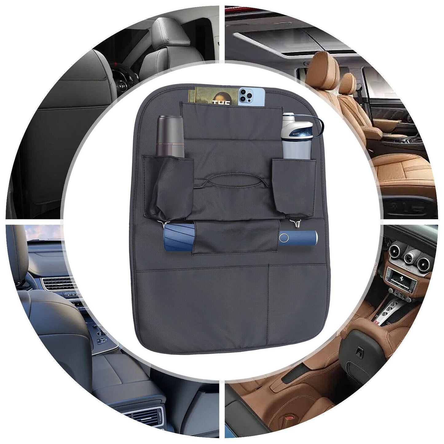 Мултифункционален органайзер за задната част на предна седалка със 7 джоба от черна еко кожа