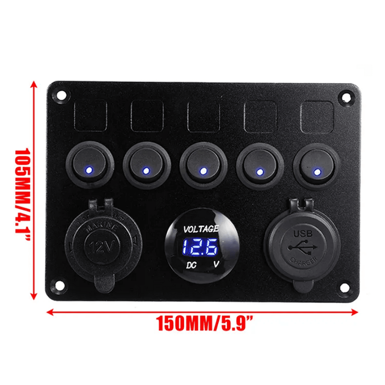 Панел с 5 бутона, 2x USB, 12V изход и волтметър - универсален