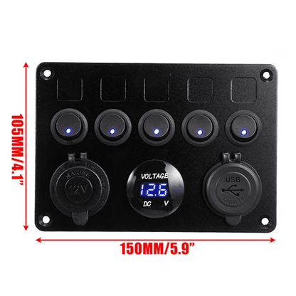 Панел с 5 бутона, 2x USB, 12V изход и волтметър - универсален