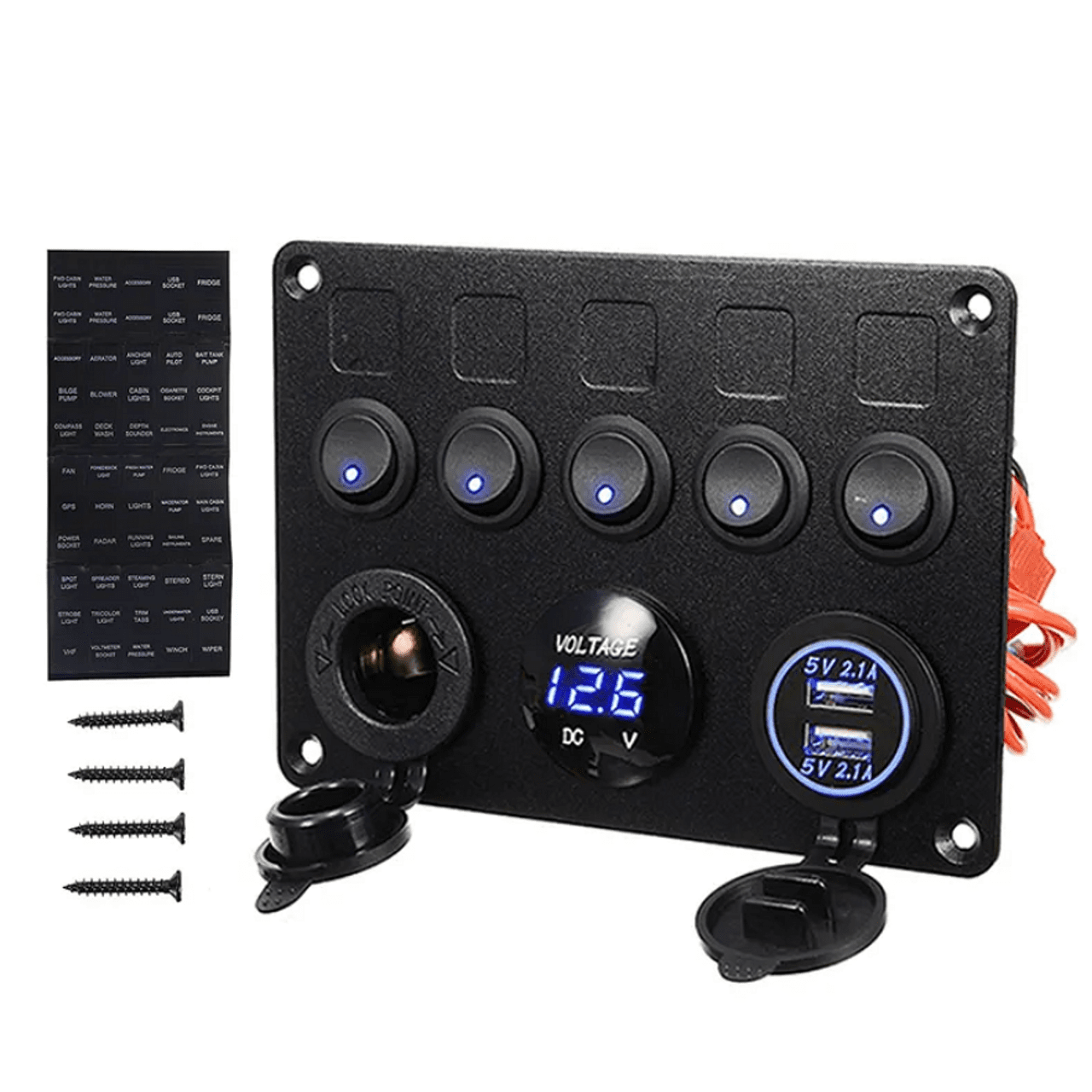 Панел с 5 бутона, 2x USB, 12V изход и волтметър - универсален