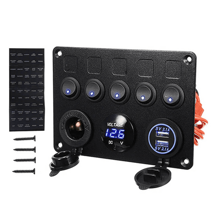 Панел с 5 бутона, 2x USB, 12V изход и волтметър - универсален