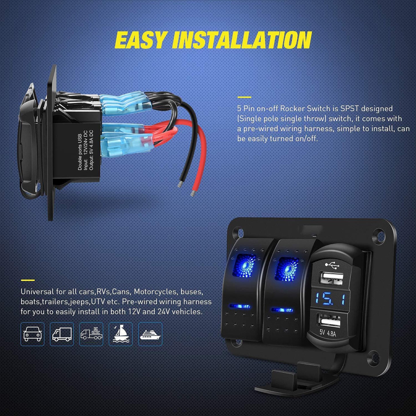 Панел за вграждане с 2 бутон ON/OFF + 2бр. USB за зареждане