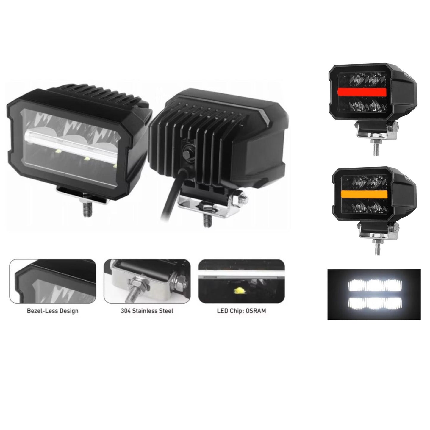 Универсален LED халоген/фар 11см с бяла основна светлина + габаритна в червен и оранжев цвят 12V/24V E-mark