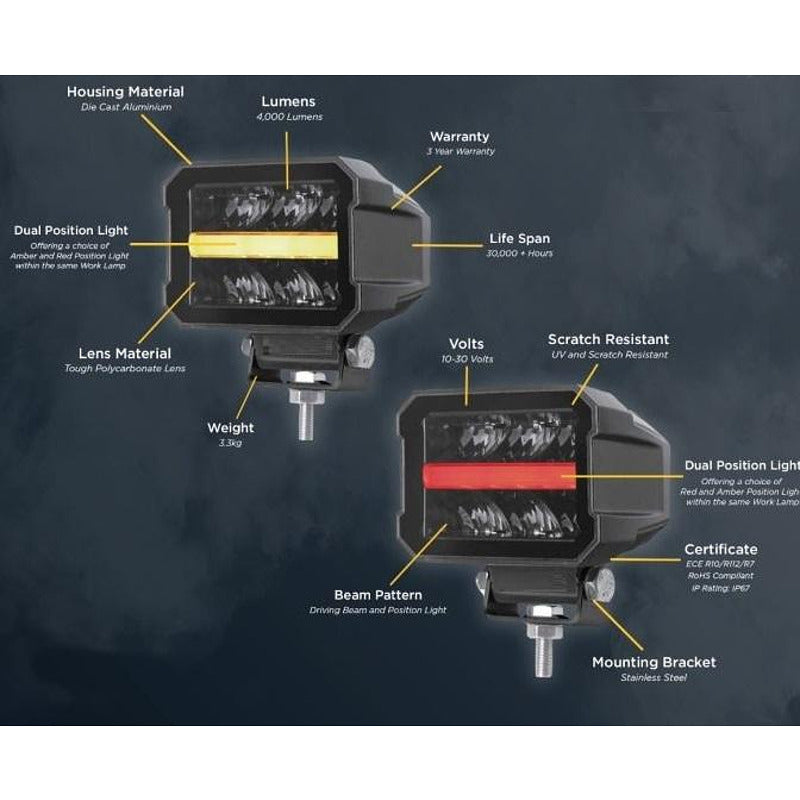 Универсален LED халоген/фар 11см с бяла основна светлина + габаритна в червен и оранжев цвят 12V/24V E-mark