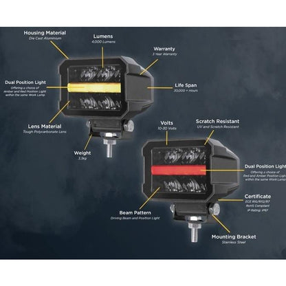 Универсален LED халоген/фар 11см с бяла основна светлина + габаритна в червен и оранжев цвят 12V/24V E-mark